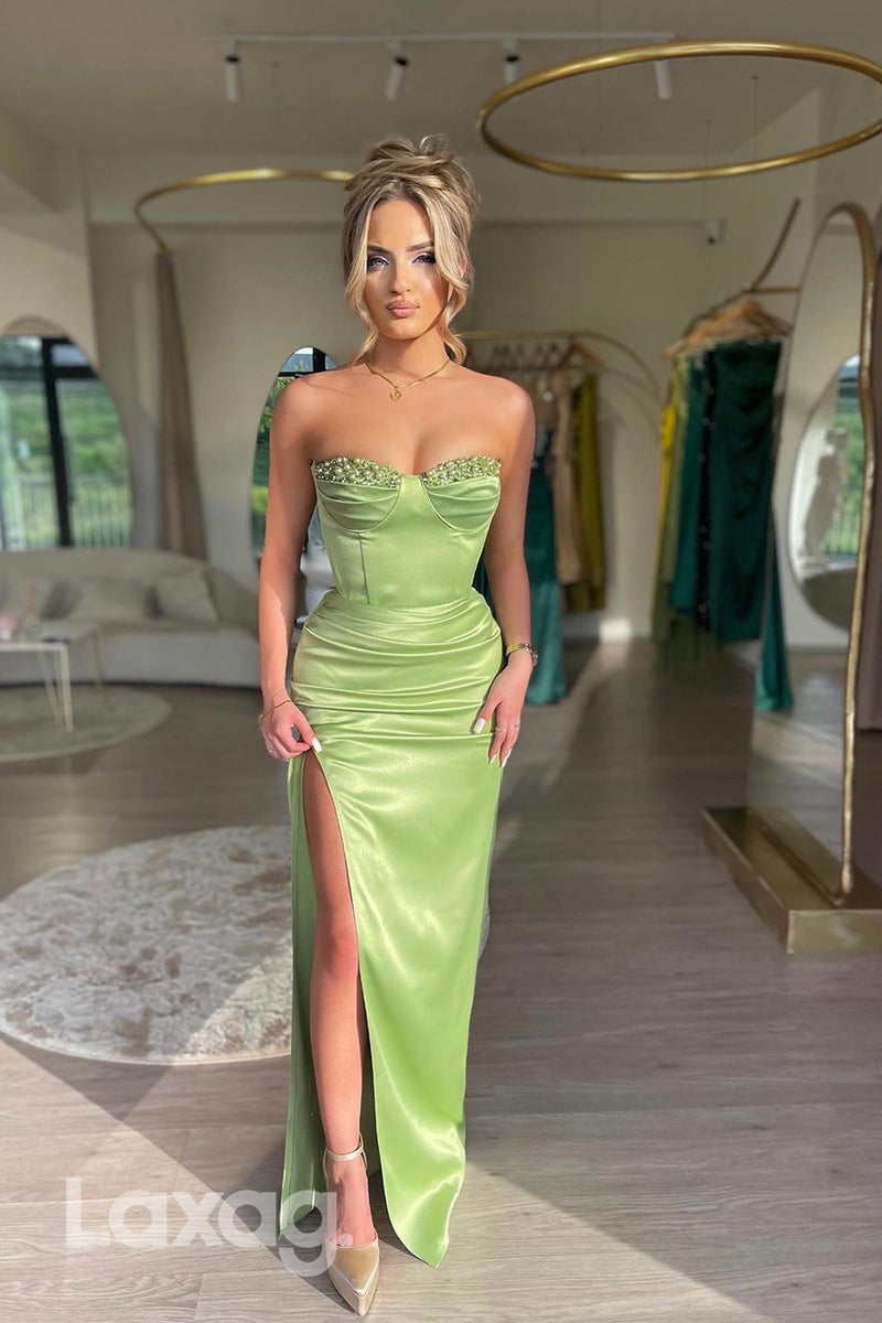 21911 - Sheath/Column Sweetheart Ruched Long Formal Prom Dress with Slit