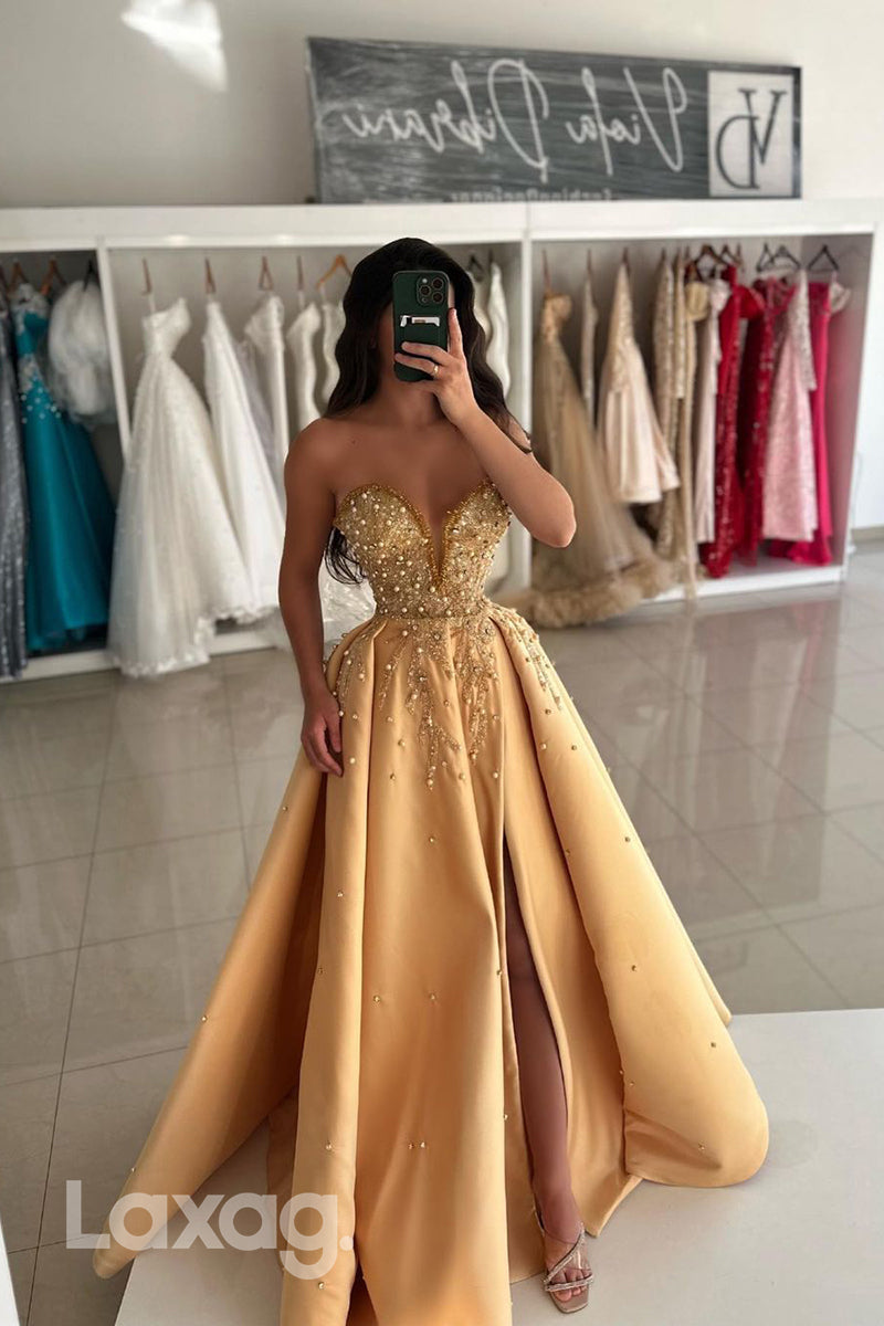 A Line Sexy V neck Beads Long Formal Evening Dress with Slit - Fashionpara