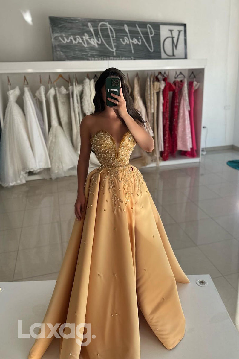 A Line Sexy V neck Beads Long Formal Evening Dress with Slit - Fashionpara