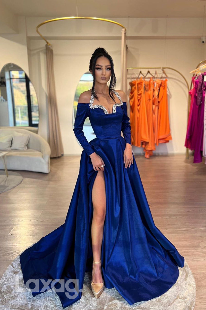 A Line Halter Beads Long Sleeves Formal Prom Dress with Slit - Fashionpara