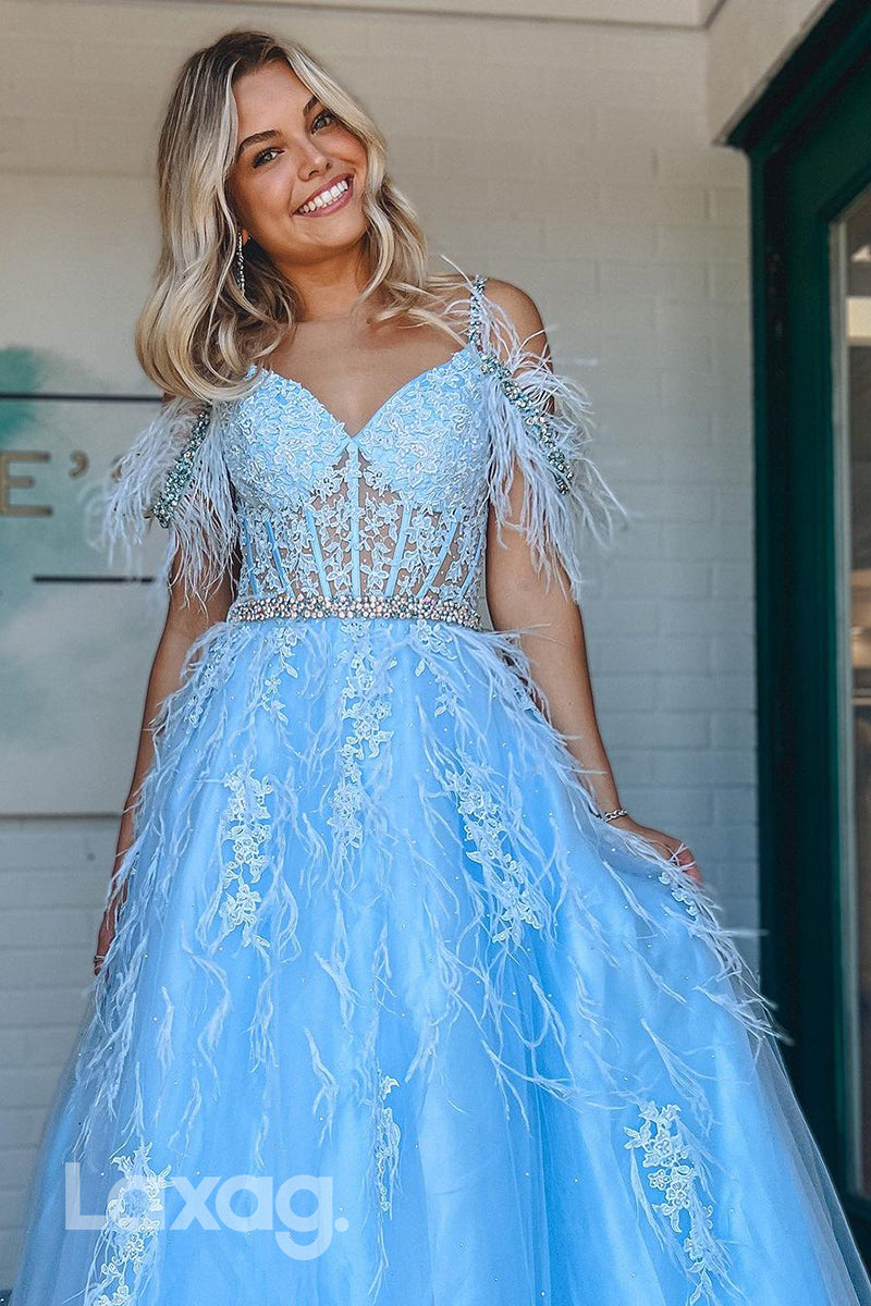 22007 - A Line V neck Lace Appliques Feathers Long Formal Prom Dress