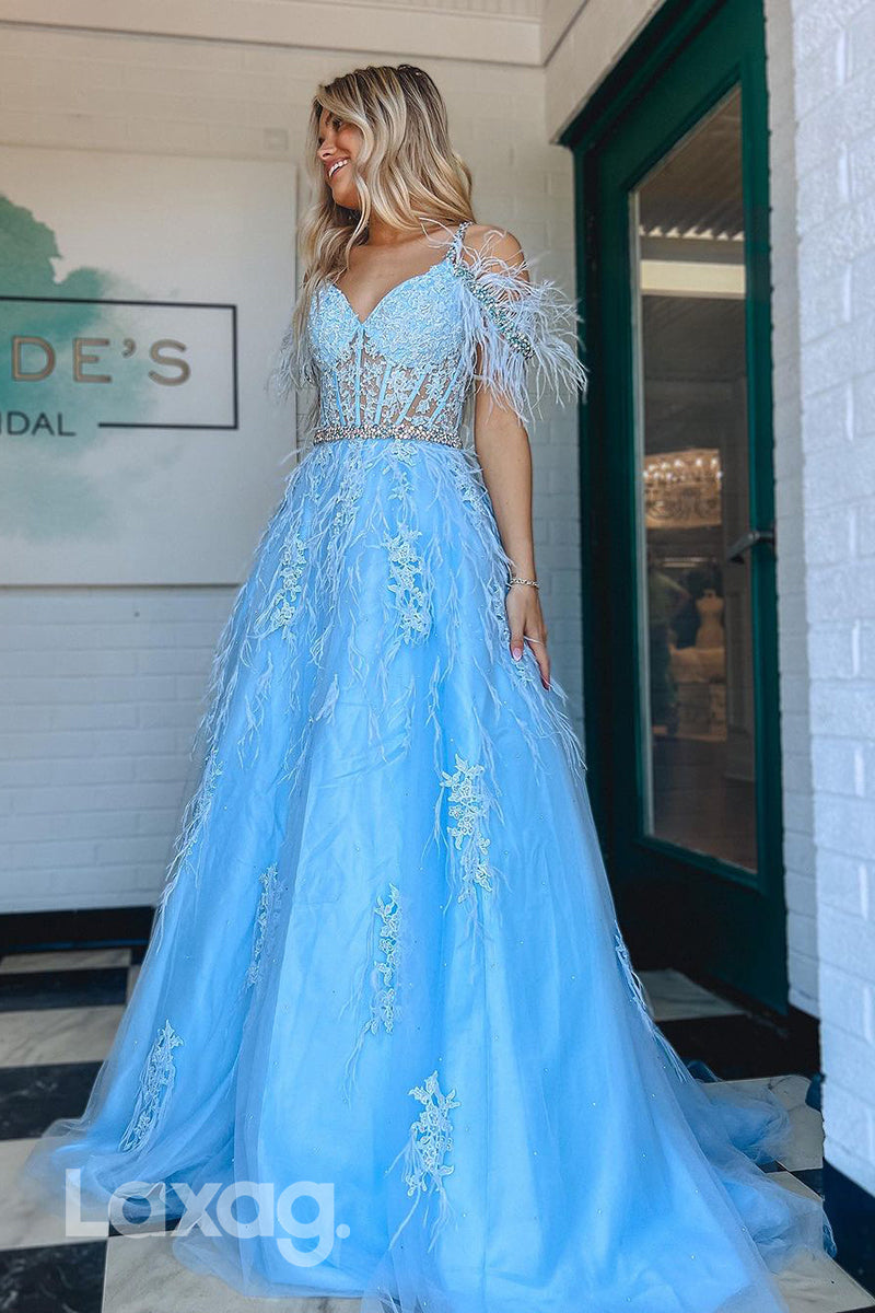 22007 - A Line V neck Lace Appliques Feathers Long Formal Prom Dress