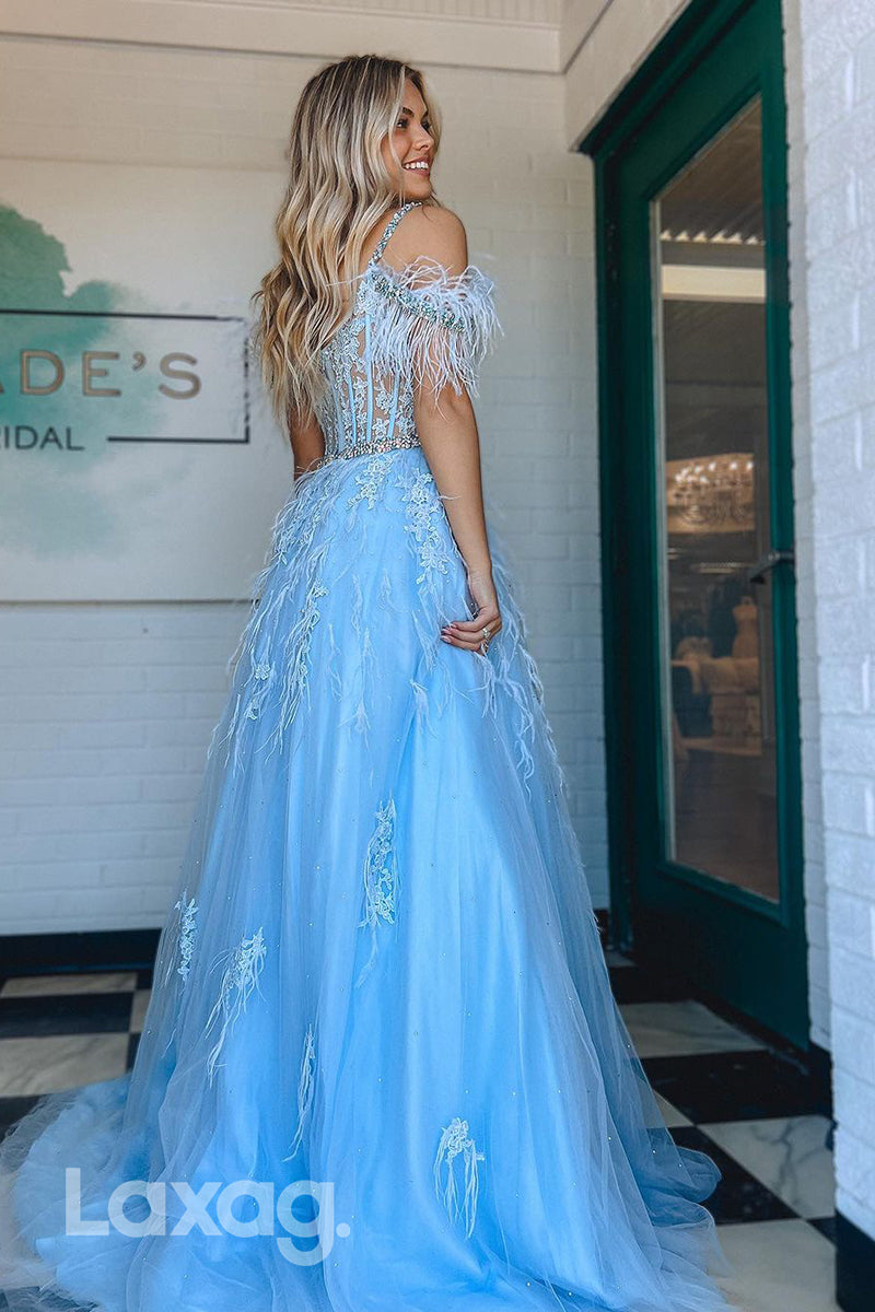 22007 - A Line V neck Lace Appliques Feathers Long Formal Prom Dress
