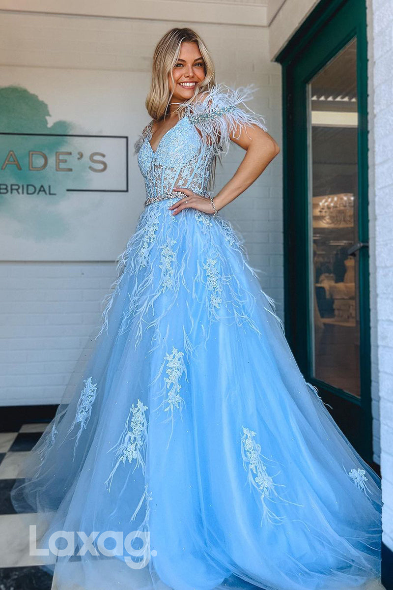 22007 - A Line V neck Lace Appliques Feathers Long Formal Prom Dress