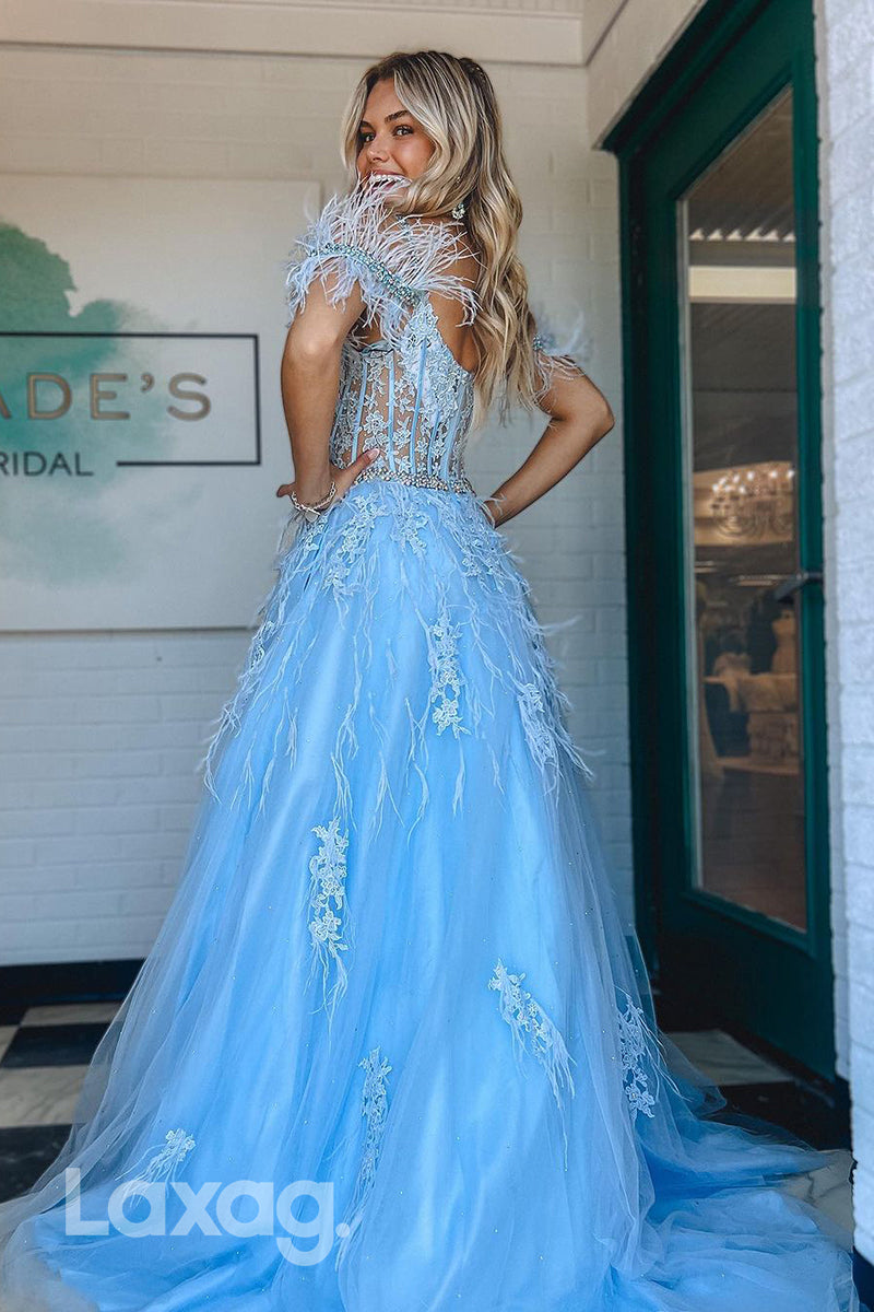 22007 - A Line V neck Lace Appliques Feathers Long Formal Prom Dress