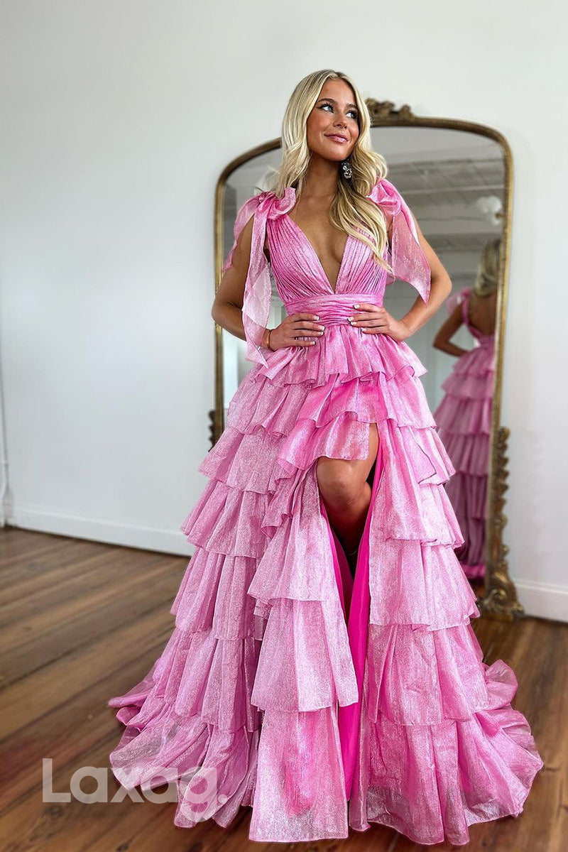 A Line Deep V neck Tiered Pink Long Semi Formal Prom Dress with Slit - Fashionpara