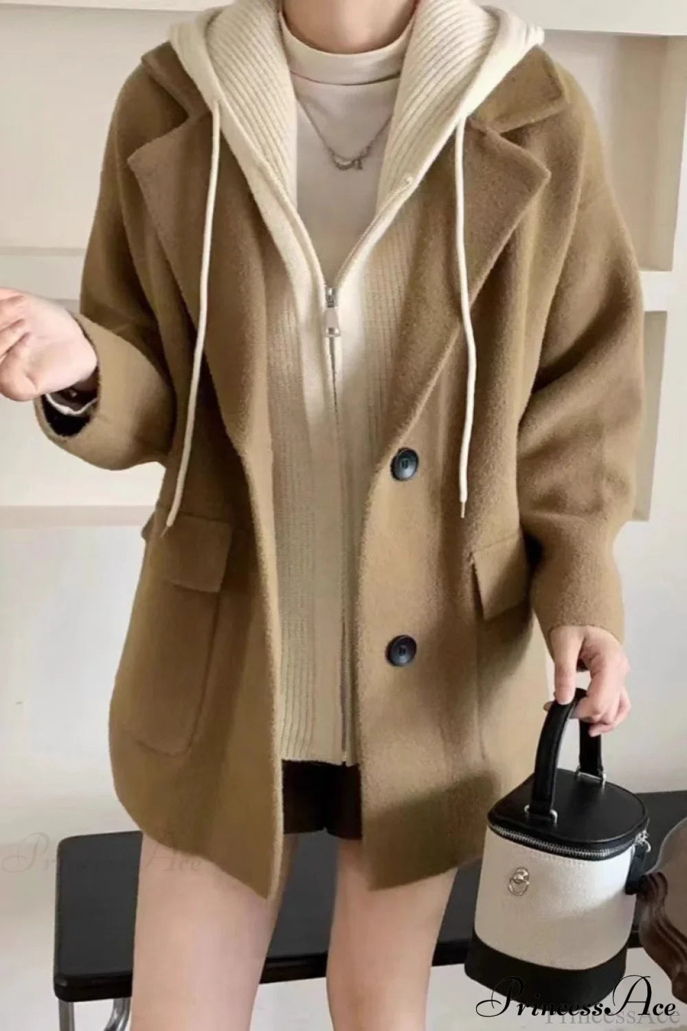 Layered-Look Wool Blend Loose Slim-Fit Knit Cardigan Coat Khaki / One Size