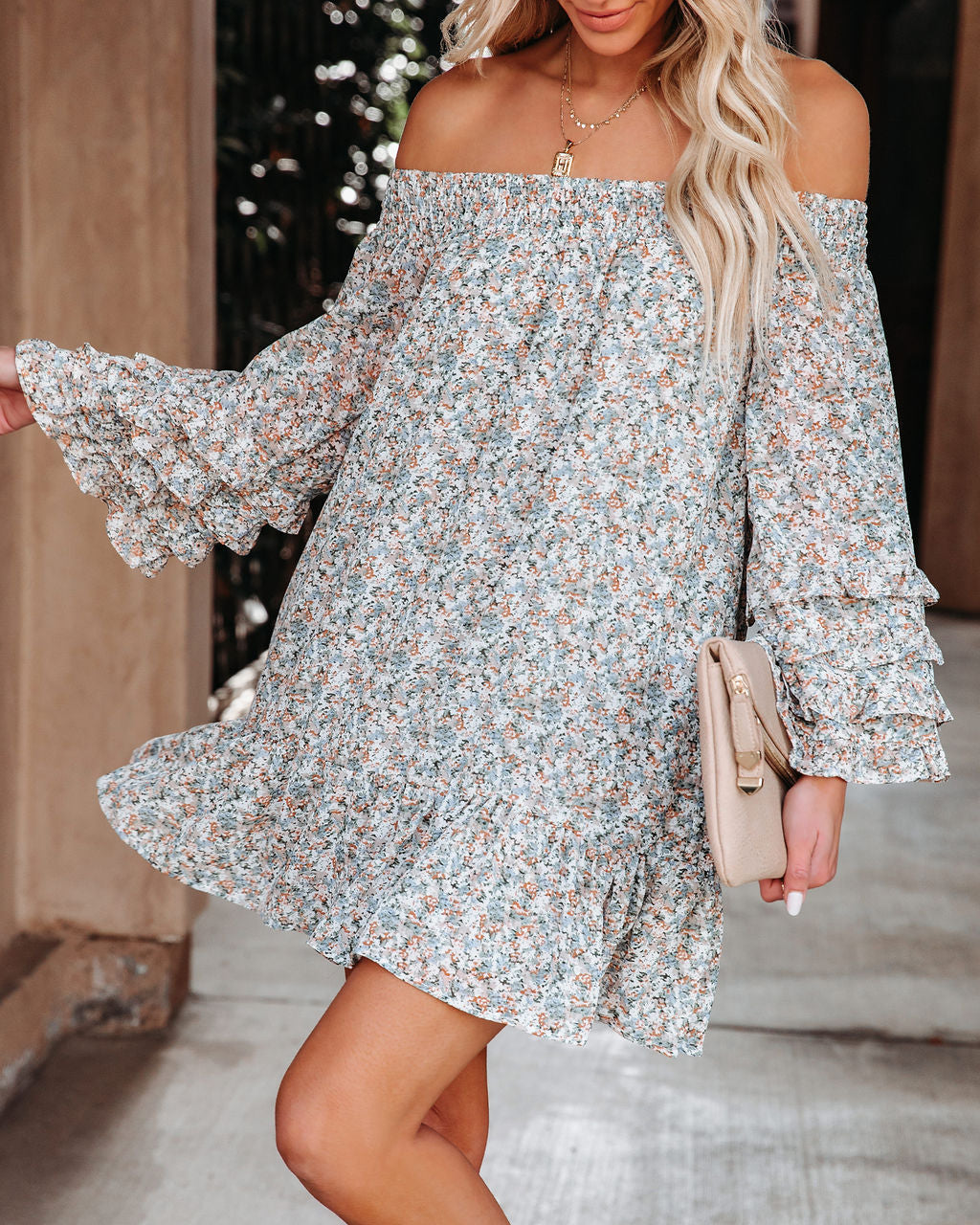 Floral Print Off Shoulder Long Sleeve Mini Dress
