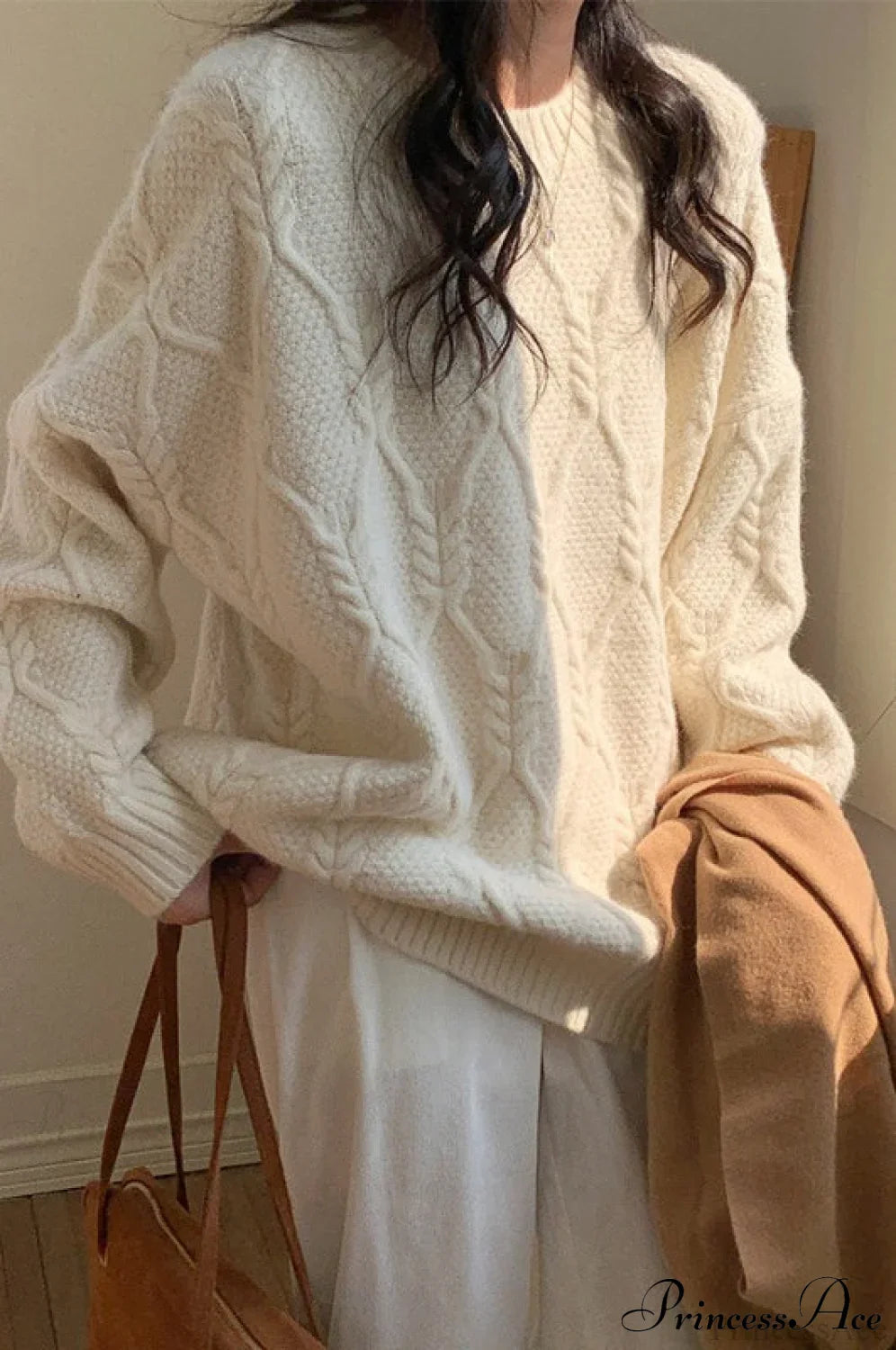 Lazy Style Candy-Colored Cable-Knit Sweater White / One Size