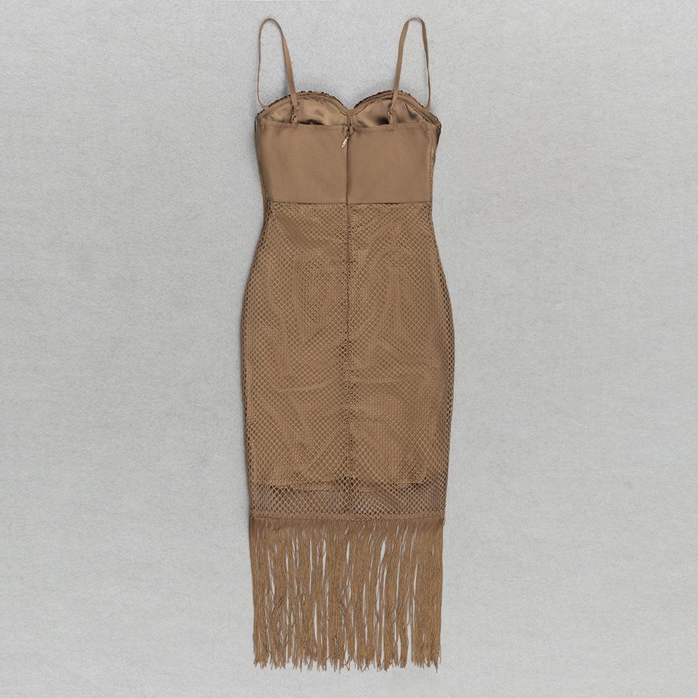 Fringe Fishnet Sweetheart Bodycon Midi Dress