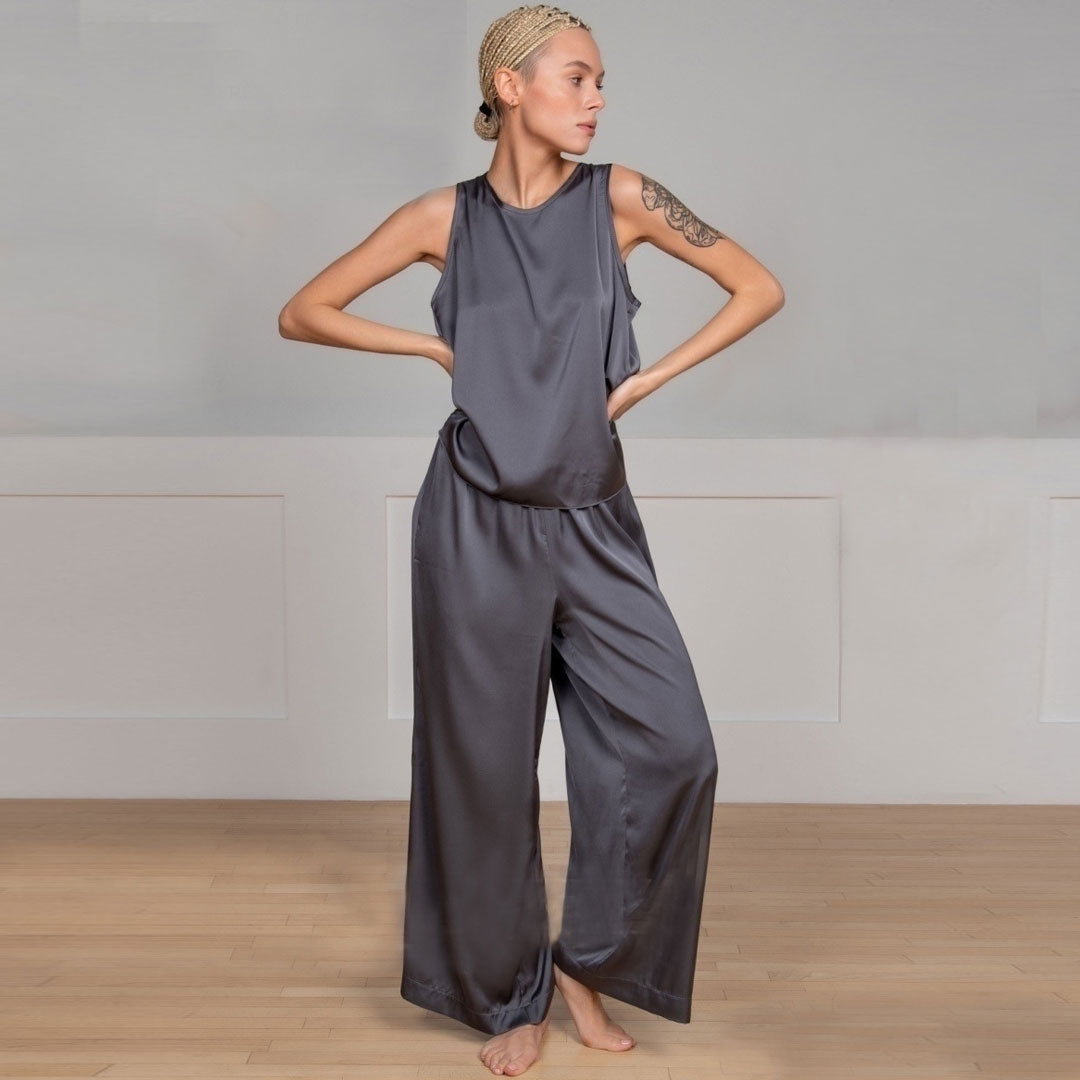 Leisure Split Back Tank Top Wide Leg Pajamas Matching Set - Dark Gray - Fashionpara
