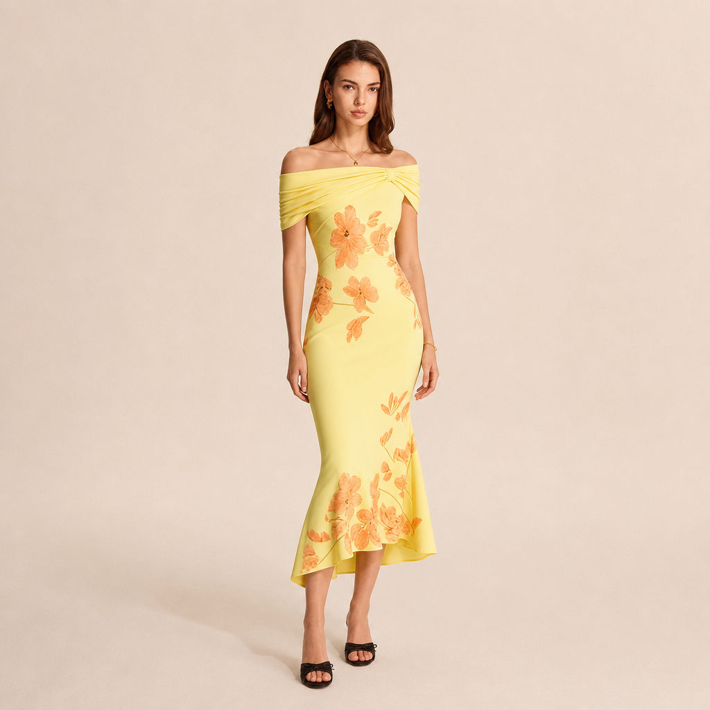 Off Shoulder Twist Front Floral High Low Fishtail Midi Dress 13