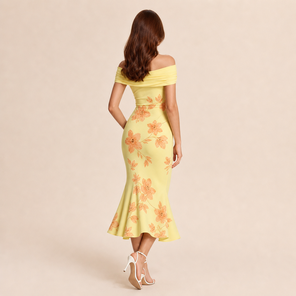 Off Shoulder Twist Front Floral High Low Fishtail Midi Dress 15