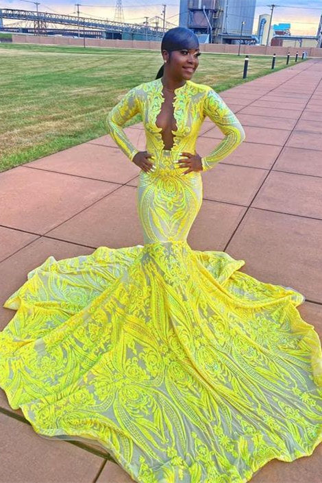Lemon Long Sleeves Prom Dress Mermaid Sequins - Fashionpara