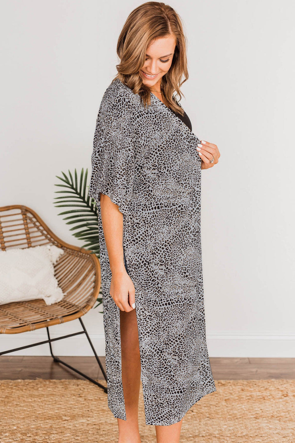 Leopard Dolman Sleeves Kimono With Slits  Fashionpara