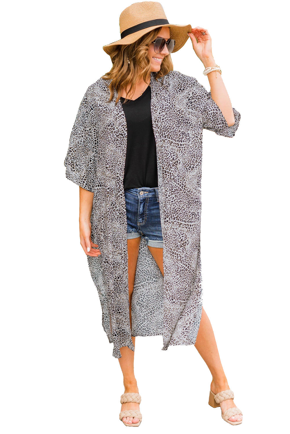 Leopard Dolman Sleeves Kimono With Slits  Fashionpara