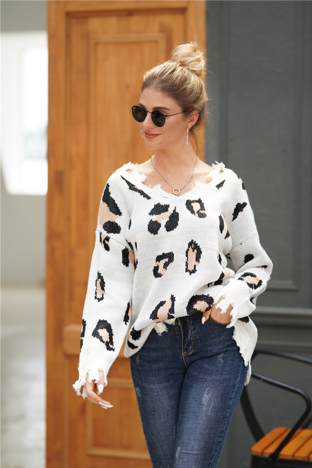 RadyRin Leopard Print Frayed Hem Loose Sweater for Comfort