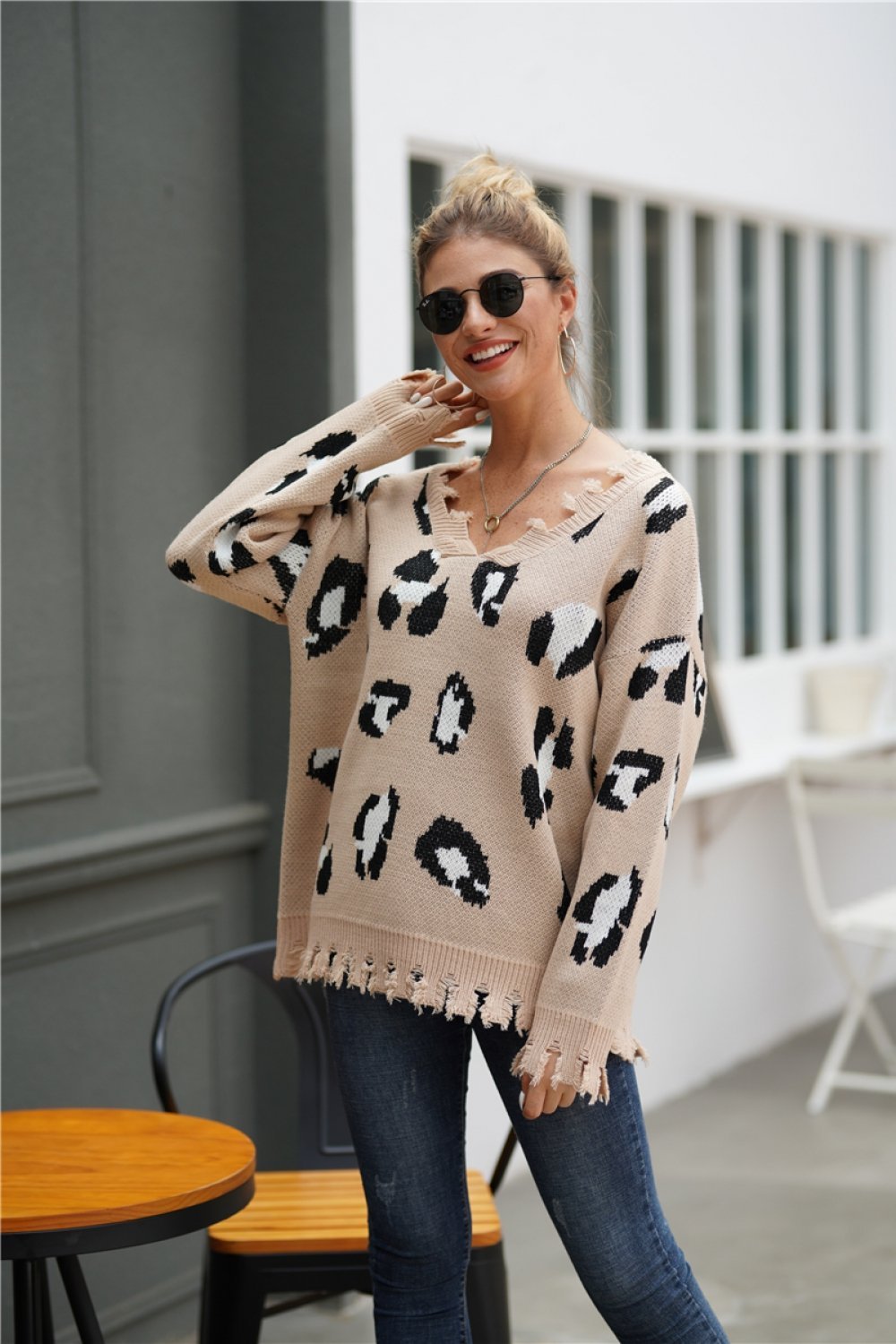 RadyRin Leopard Print Frayed Hem Loose Sweater for Comfort