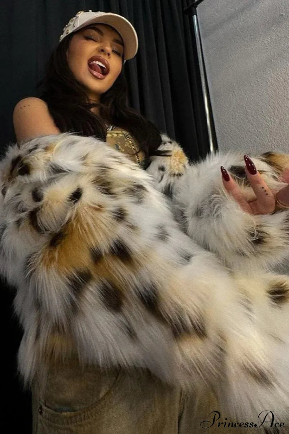 Stylish Leopard Print Faux Fur Long Sleeve Warm Coat