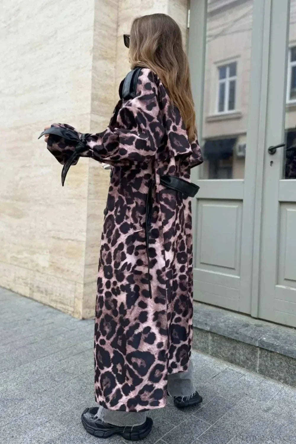 Leopard Print Faux Leather Oversized Elegant Longline Overcoat