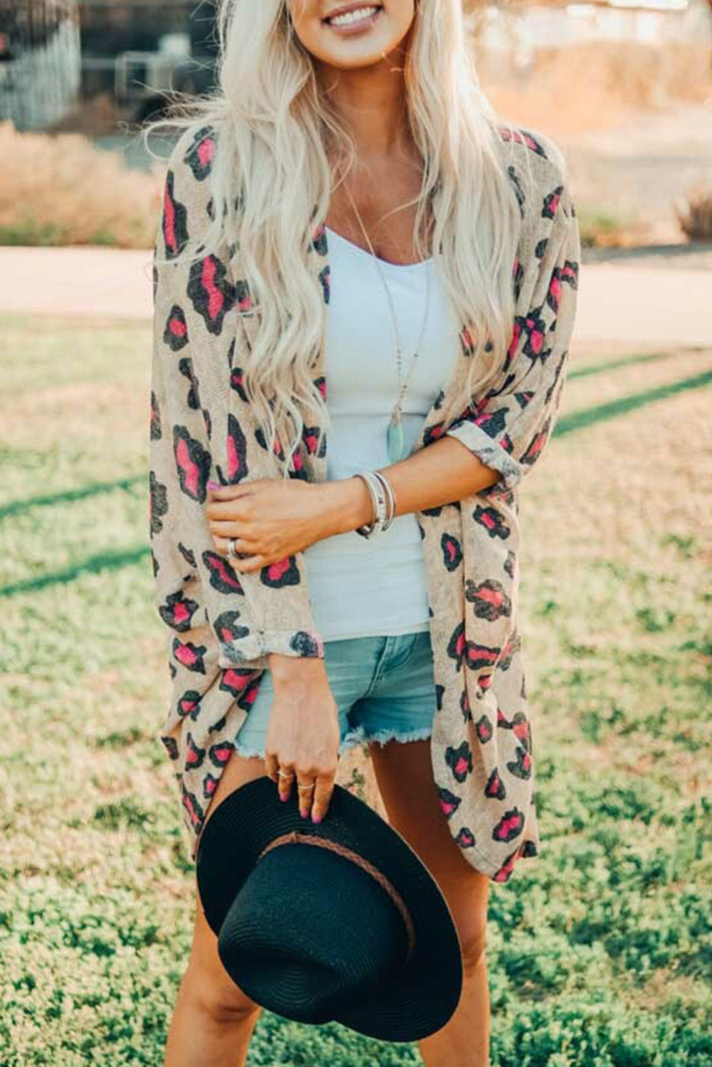 Leopard Print Open Front Long Sleeve Kimono Fashionpara
