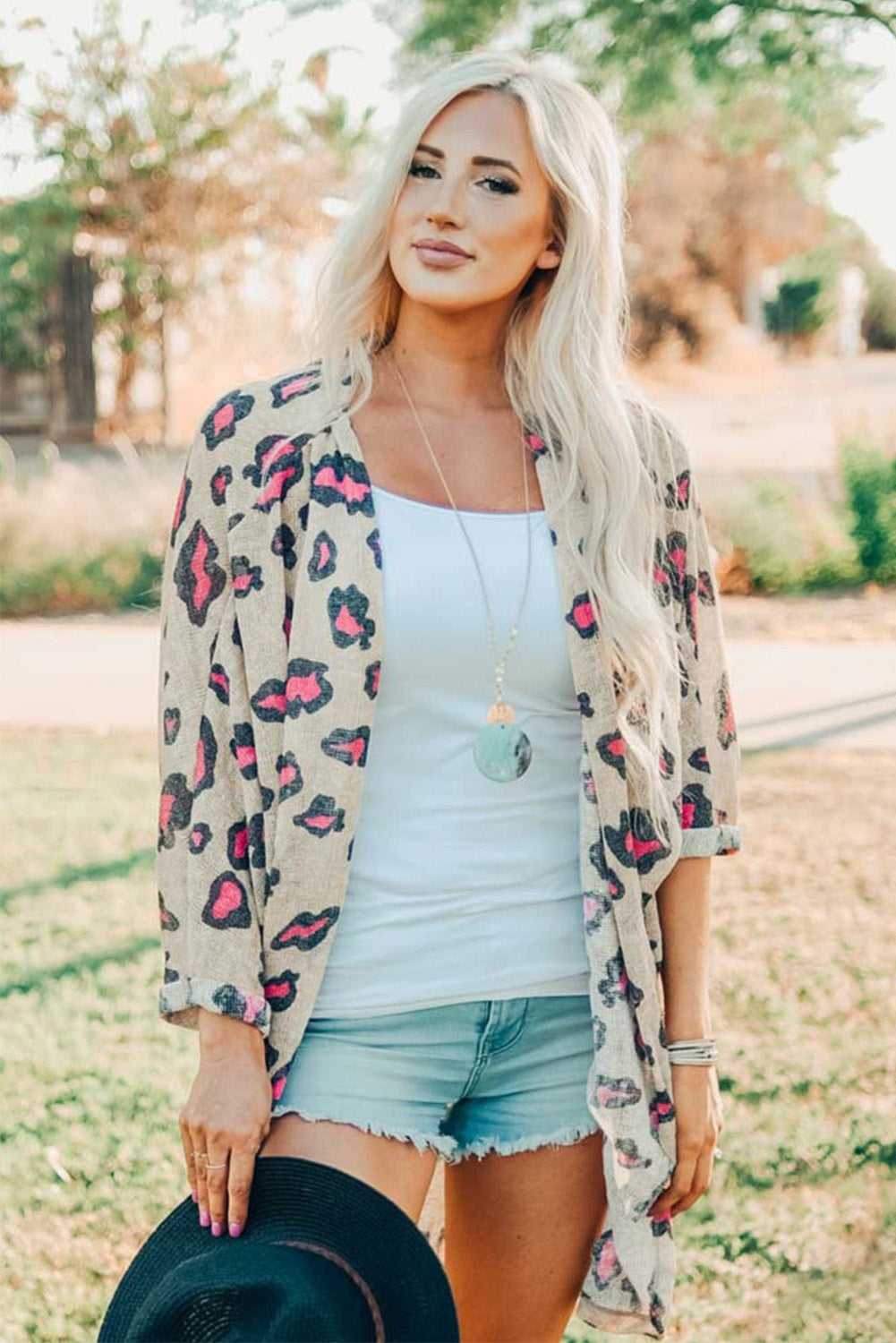 Leopard Print Open Front Long Sleeve Kimono Fashionpara