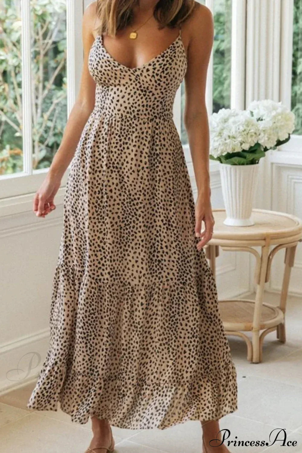 Leopard Print Strapless Sexy V-neck Beach Holiday Maxi Boho Dress
