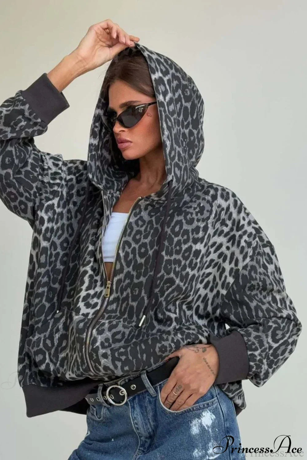 Leopard Print Zip Color-Block Hoodie