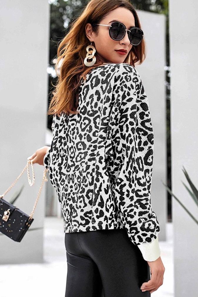 RadyRin Leopard Print Round Neck Loose Fit Sweater