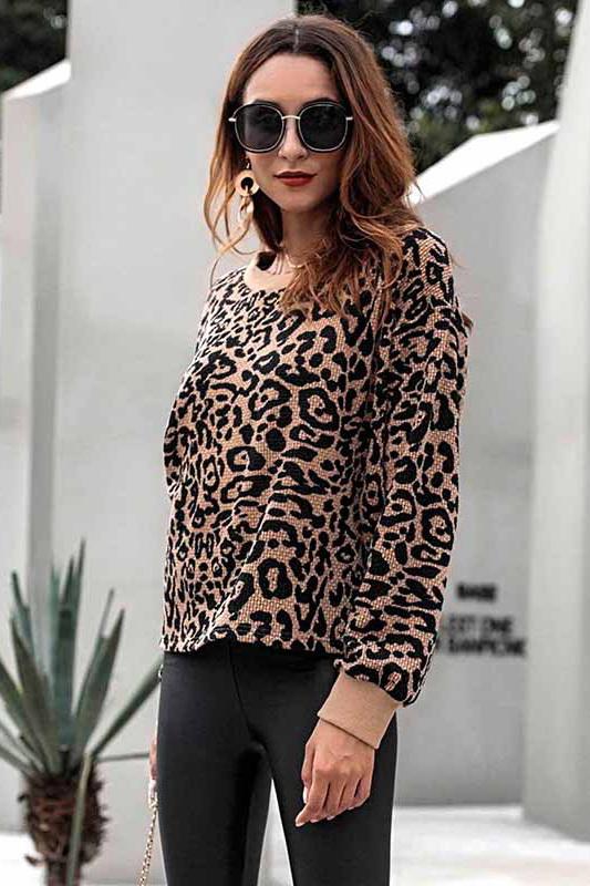 RadyRin Leopard Print Round Neck Loose Fit Sweater