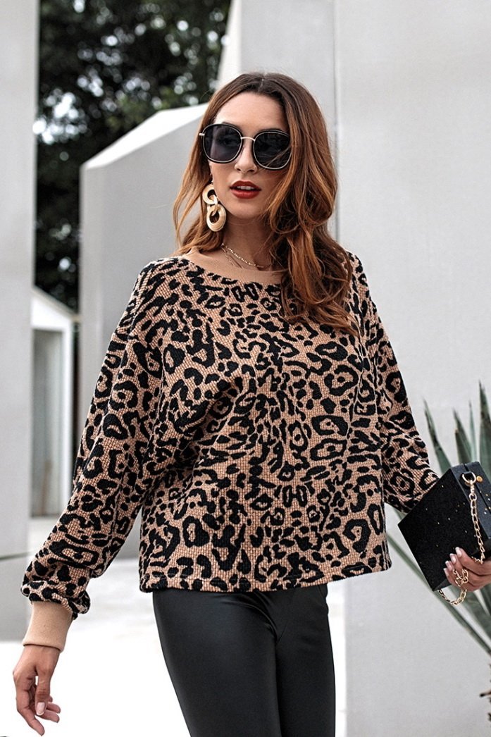 RadyRin Leopard Print Round Neck Loose Fit Sweater
