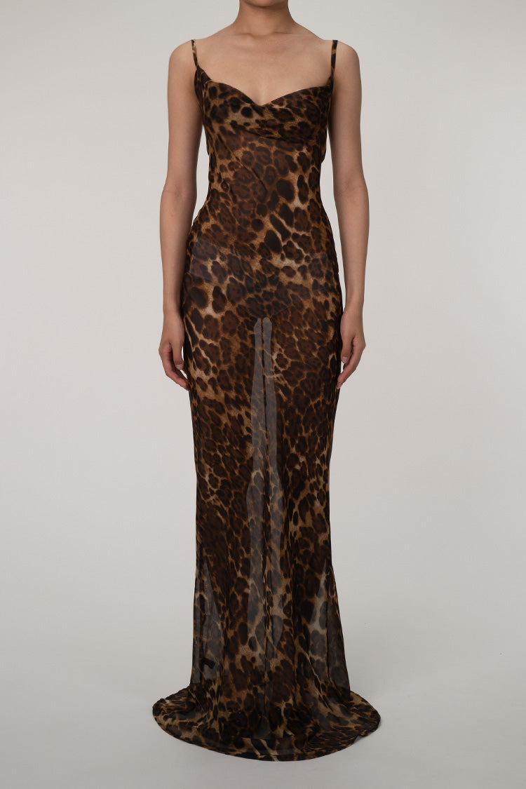 Leopard Spaghetti Strap Cowl Neck Chiffon Slip Maxi Dress - Coffee Fashionpara