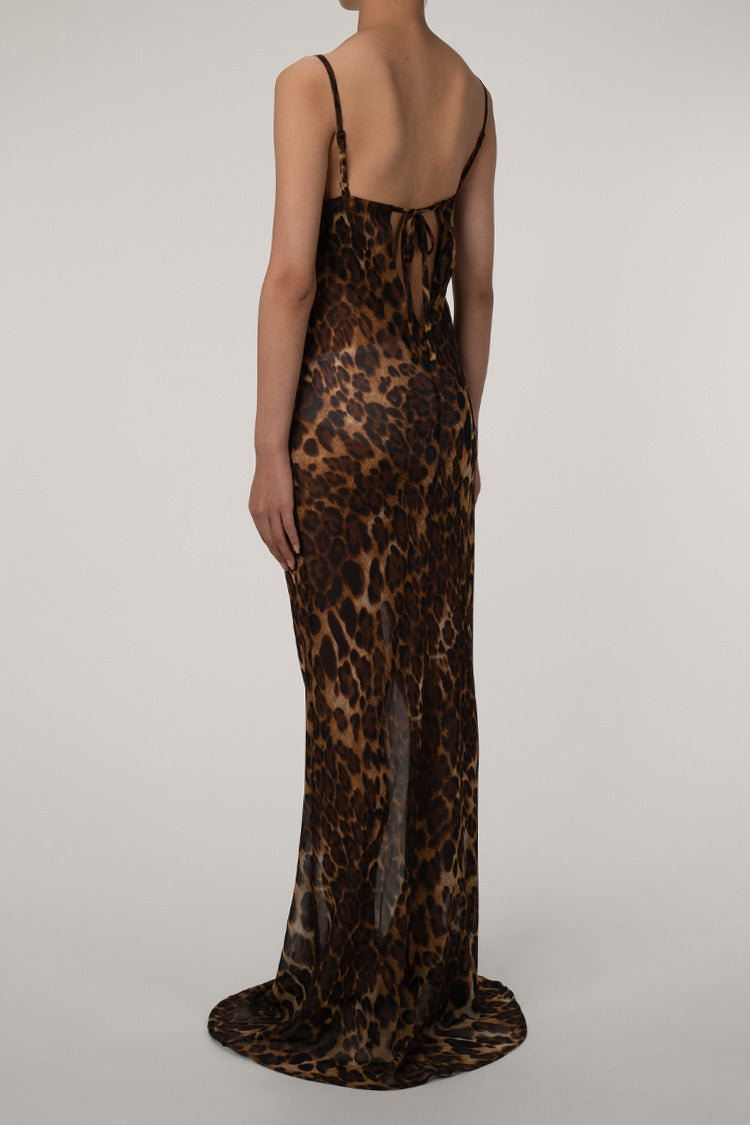 Leopard Spaghetti Strap Cowl Neck Chiffon Slip Maxi Dress - Coffee Fashionpara