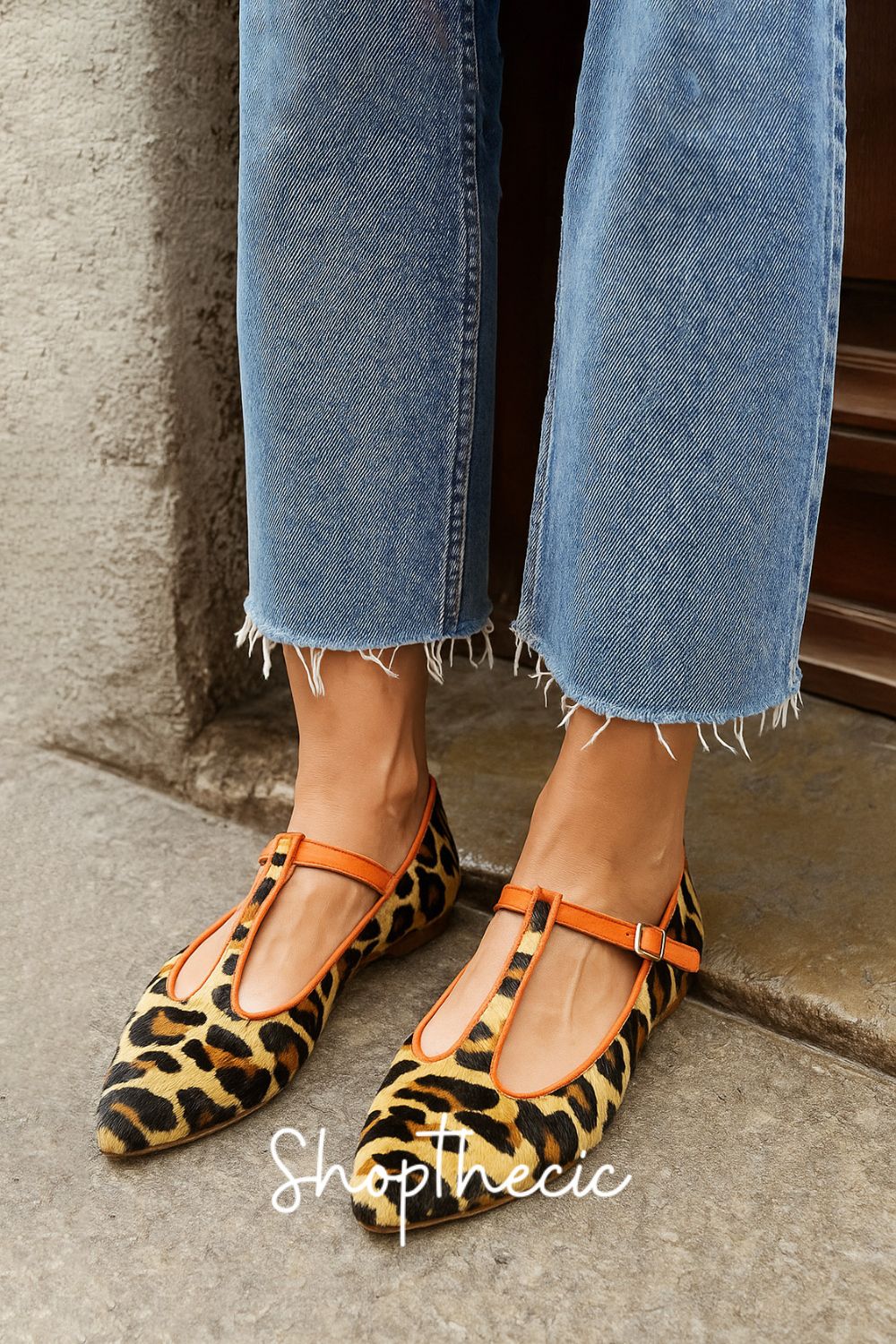 Leopard Suede Pointed toe Low heel T-strap Shoes