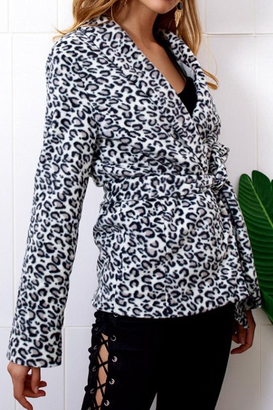 Leopard Turn-down Collar Belt Coat
