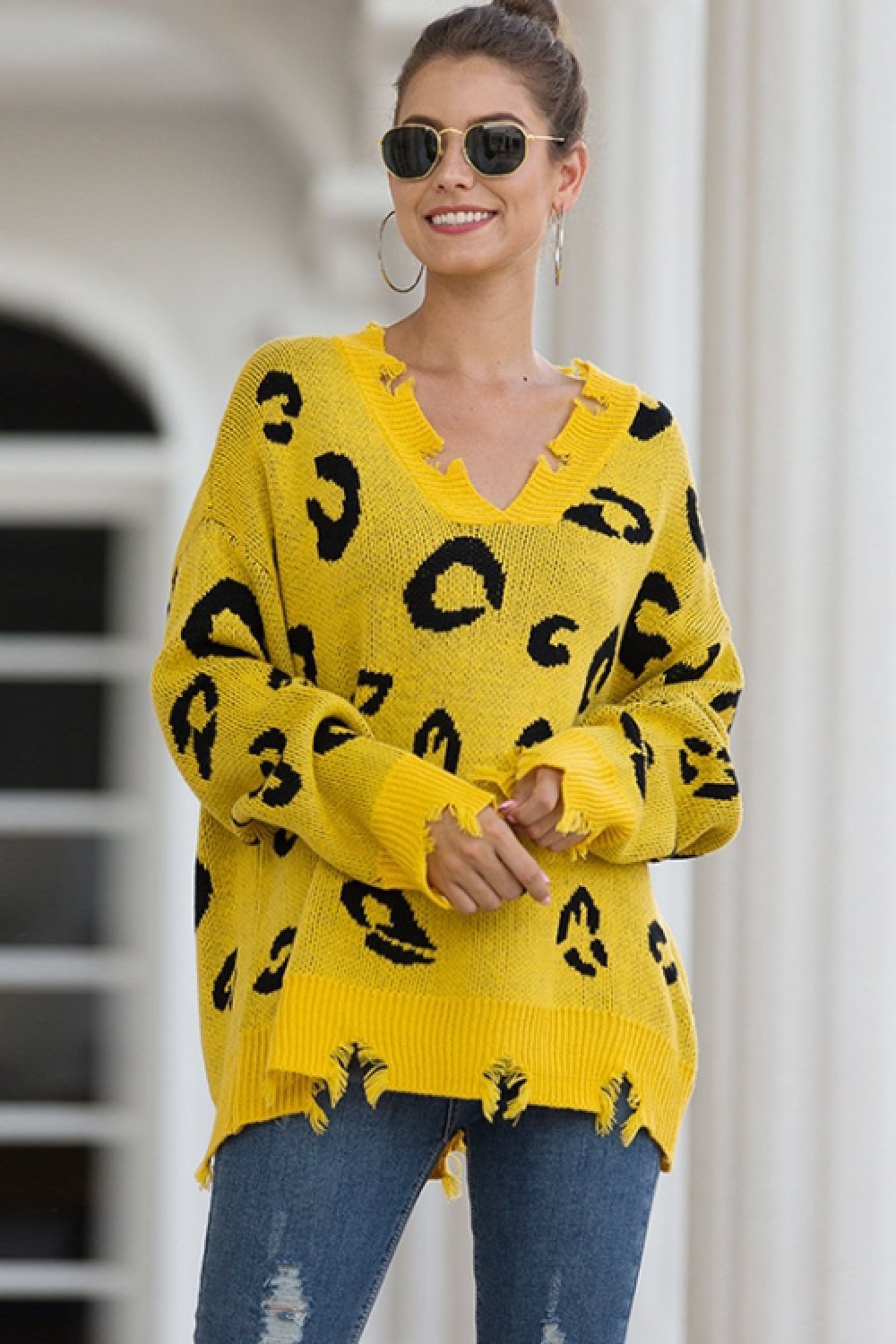 RadyRin Leopard V Neck Sweater with Frayed Detail