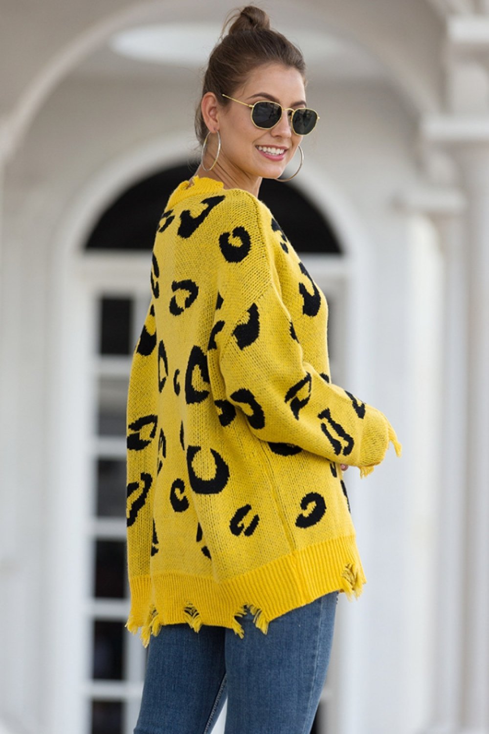 RadyRin Leopard V Neck Sweater with Frayed Detail