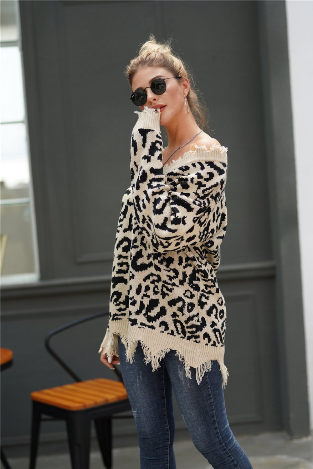 RadyRin Leopard V Neck Loose Sweater in Blanched Almond