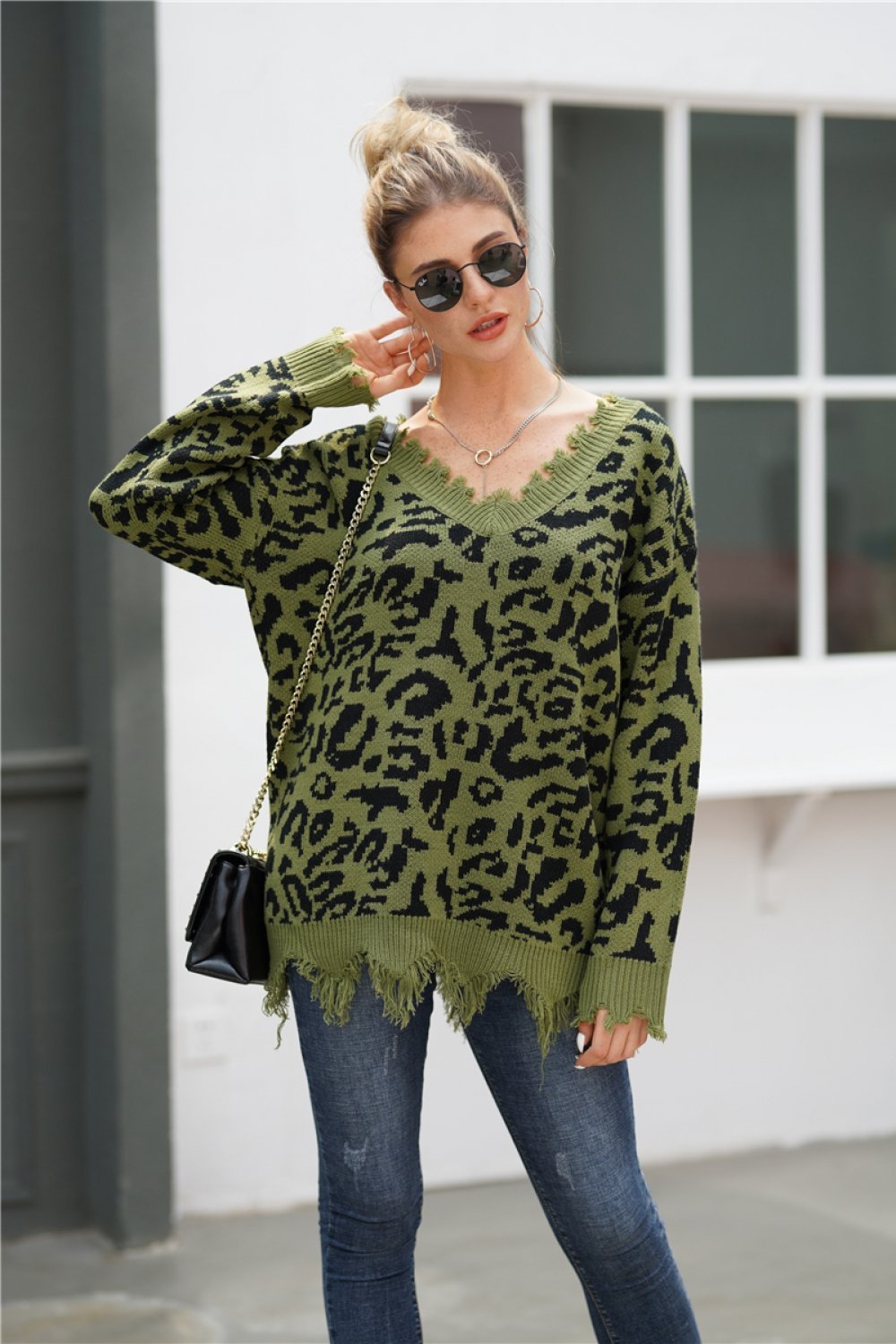 RadyRin Leopard V Neck Loose Sweater in Blanched Almond