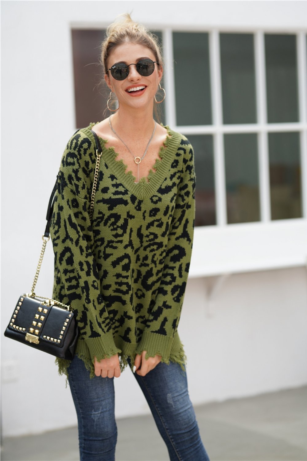 RadyRin Leopard V Neck Loose Sweater in Blanched Almond