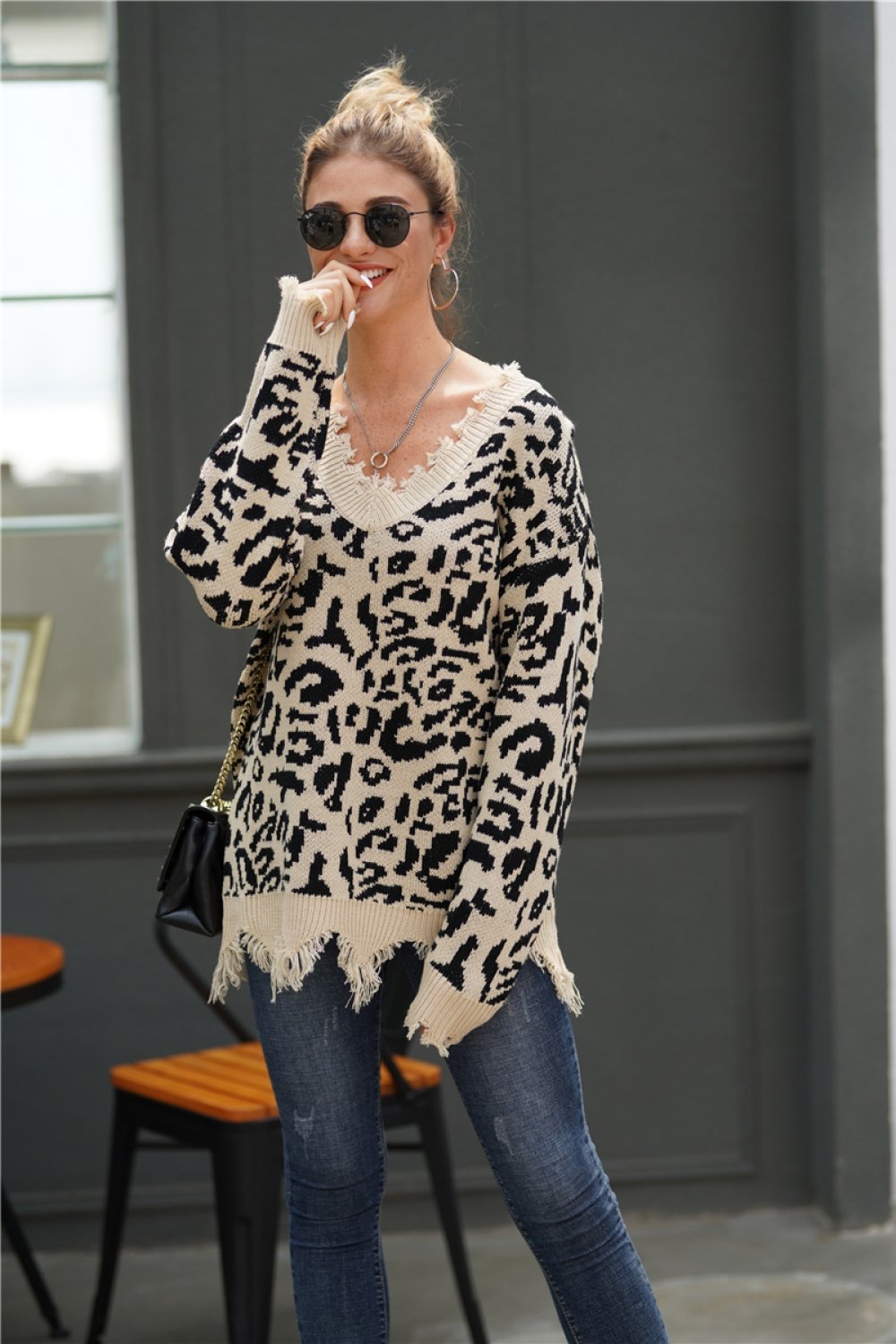 RadyRin Leopard V Neck Loose Sweater in Blanched Almond
