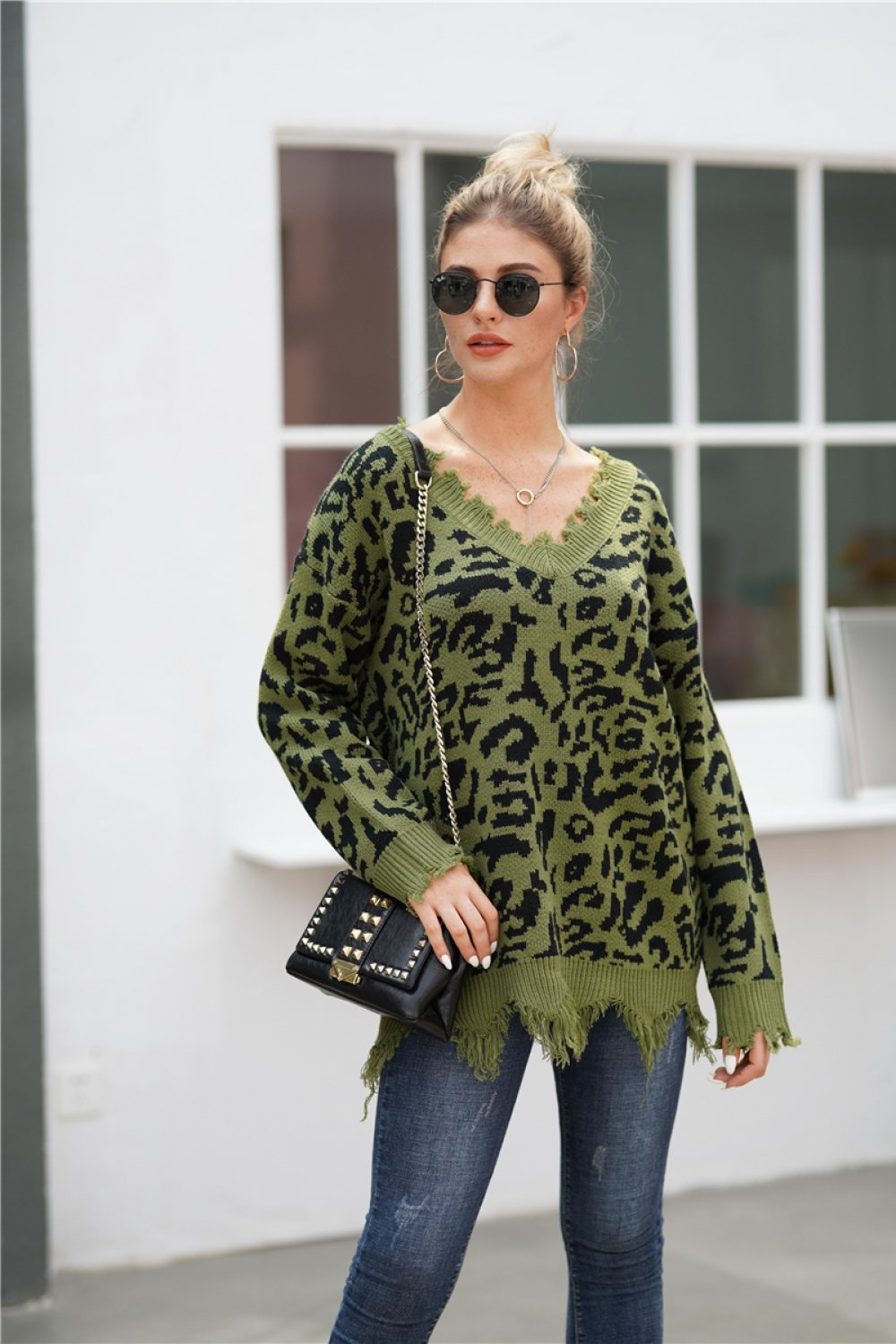 RadyRin Leopard Print V Neck Loose Sweater for Effortless Style