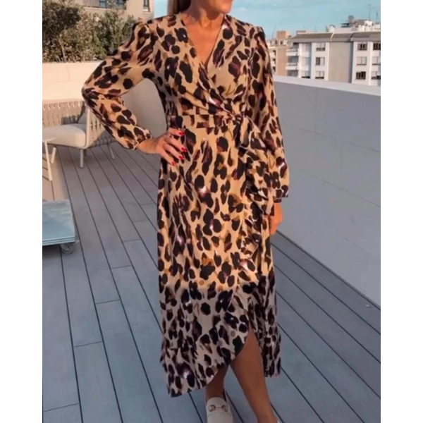 Leopard Print Wrap Deep V-Neck Long Sleeve Maxi Dress - View 5