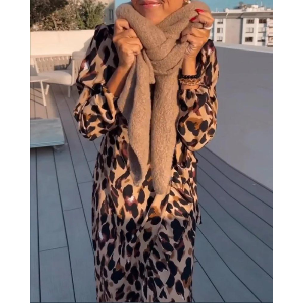 Leopard Print Wrap Deep V-Neck Long Sleeve Maxi Dress - View 6
