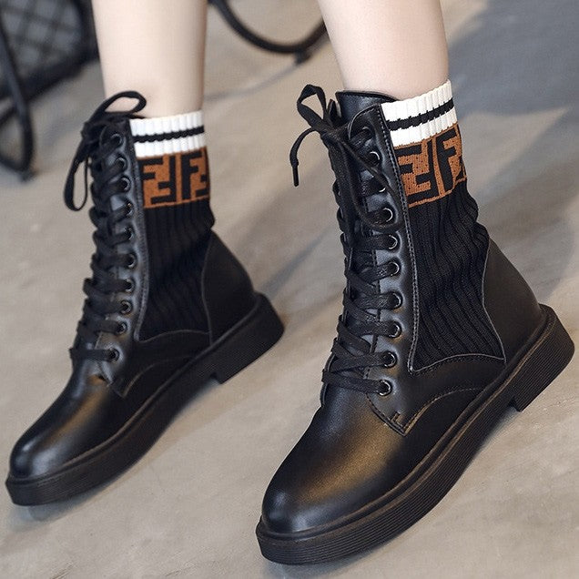 Knit Patchwork Lace-up Combat Boots