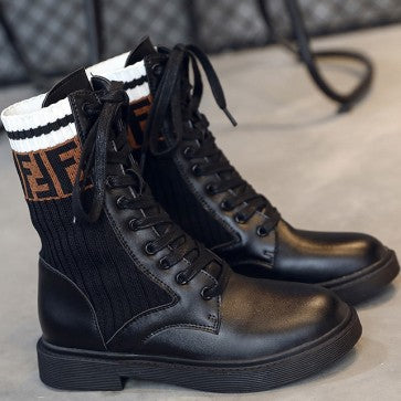 Knit Patchwork Lace-up Combat Boots - Mislish