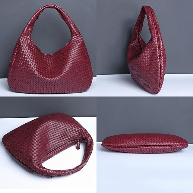 Chic Burgundy Hobo Woven Leather Bag Faux