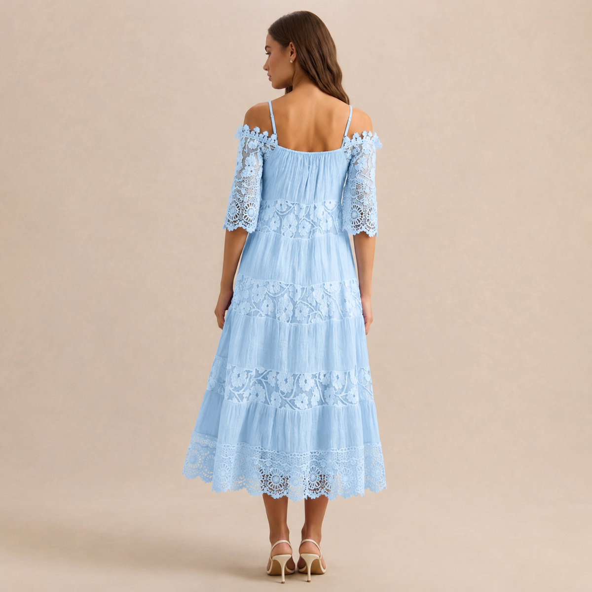 Off Shoulder Crochet Lace Trim Tiered Midi Dress 18