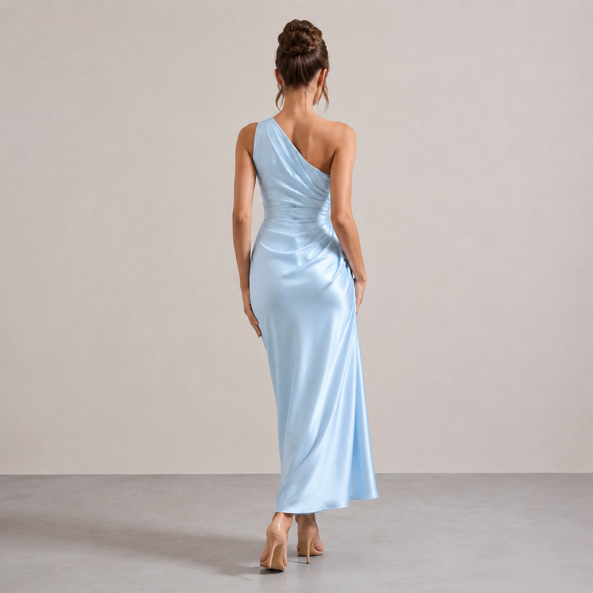One Shoulder Ruched Draped Satin Midi Dress 9