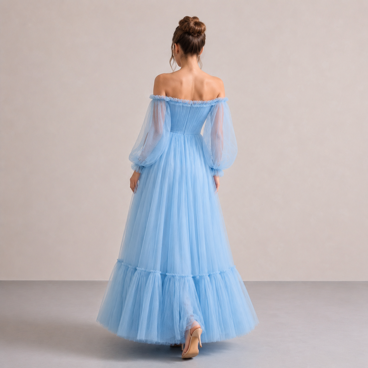Off Shoulder Bishop Sleeve Floral Applique Tiered Tulle Gown 9